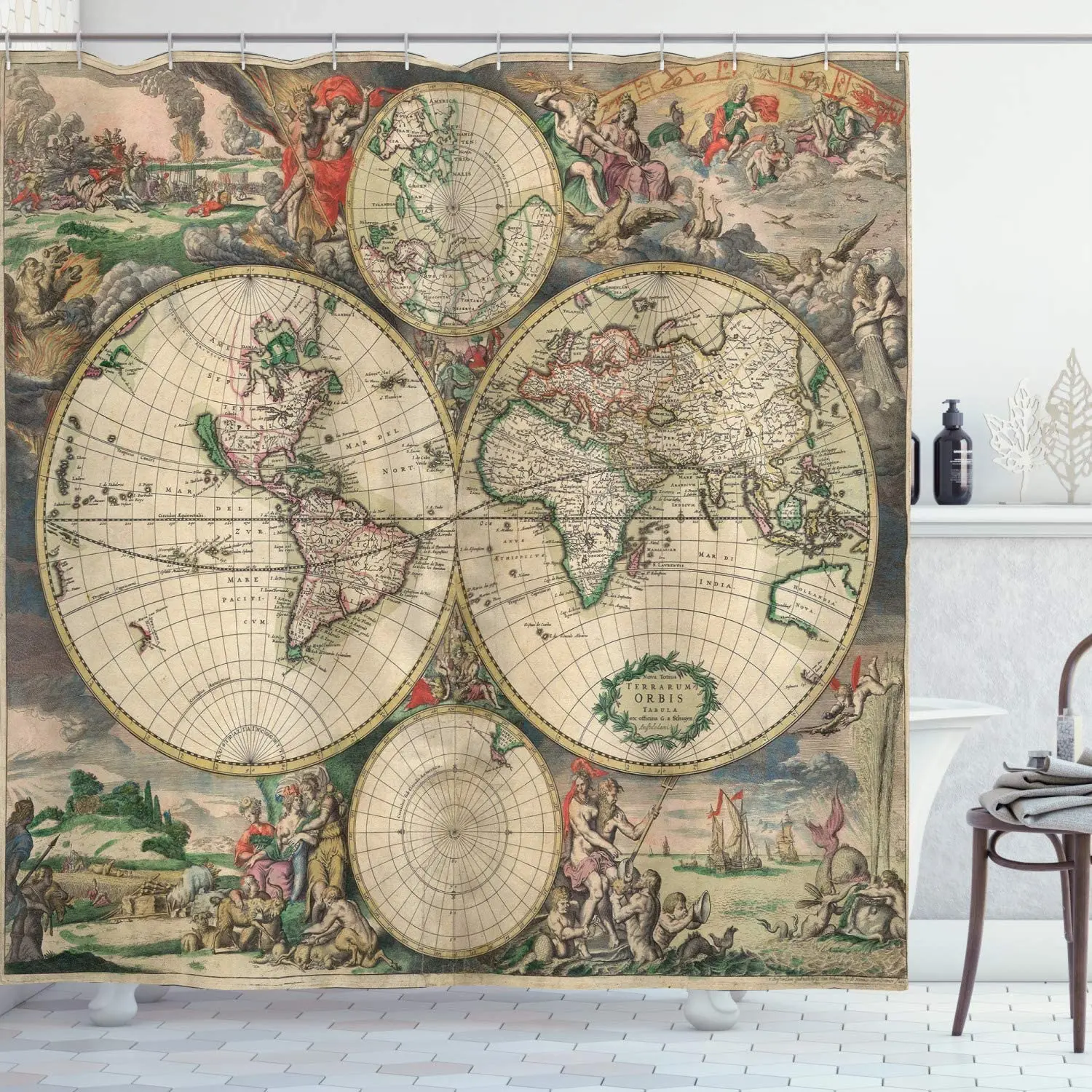 

World Map Shower Curtain Antique Design with Renaissance Continents and Hemispheres Vintage Art Cloth Fabric Bathroom Decor Set