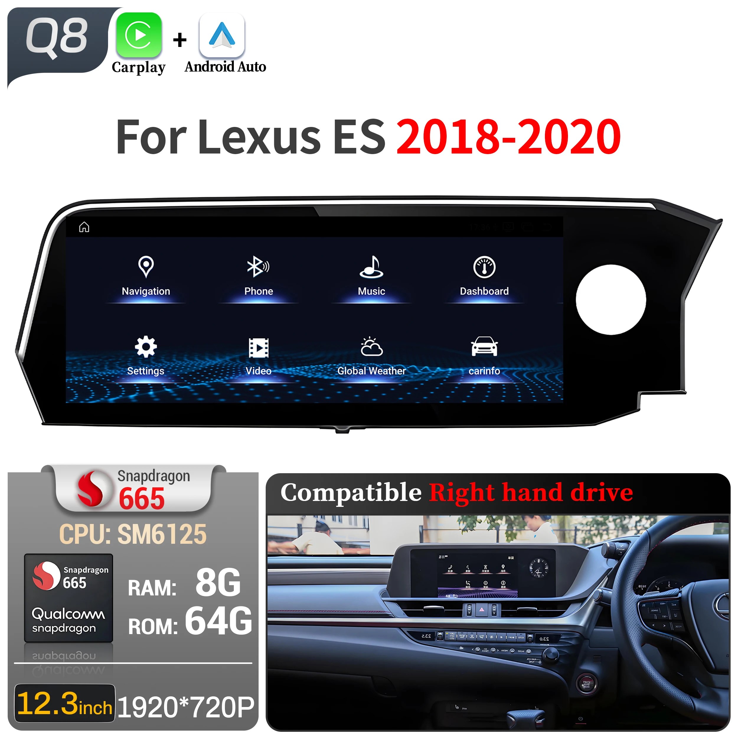 

Lexus ES 12,3-дюймовый автомобильный радиоприемник с правым рулем, беспроводная мультимедийная система CarPlay, экран Snapdragon 680, для ES200 ES250 ES300 2018
