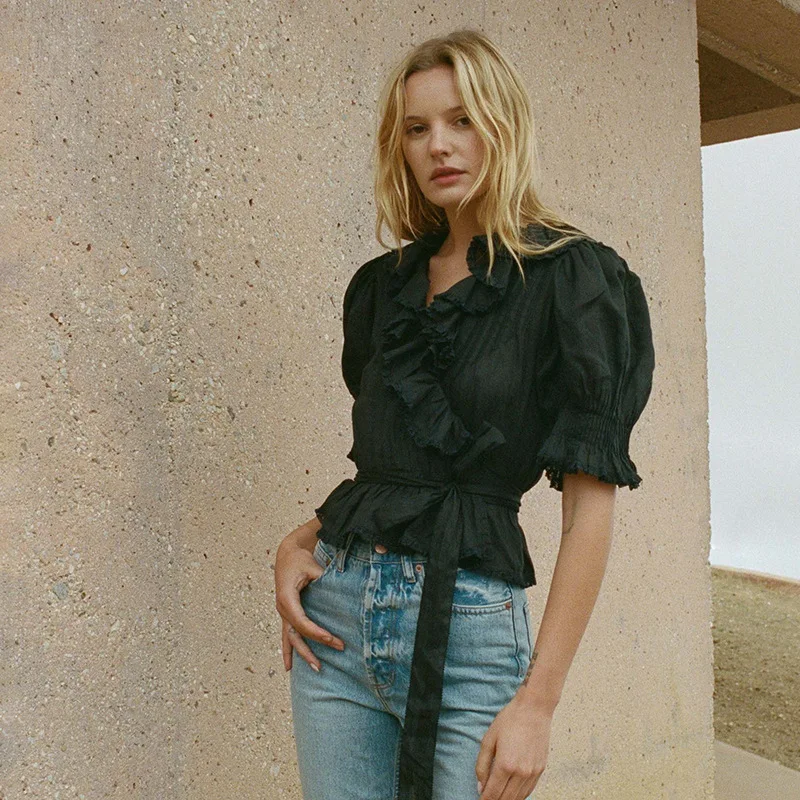 

Женская рубашка с запахом, блузка с V-образным вырезом, рукавами-фонариками и оборками на бретельках, весна-лето 2023