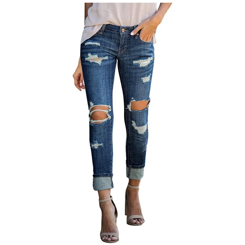 

Female Autumn Stretch Length Jeans Streetwear Women Spring Fall Fashion Solid Hole New Pants Mid Waisted Skinny Button Trousers