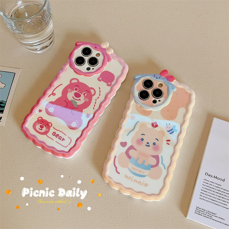 

Wave Border Blue Light Cartoon Bear Phone Case Cover for IPhone 11 12 13 Pro X XR XS Max Shockproof Case for IPhone 13 Cases