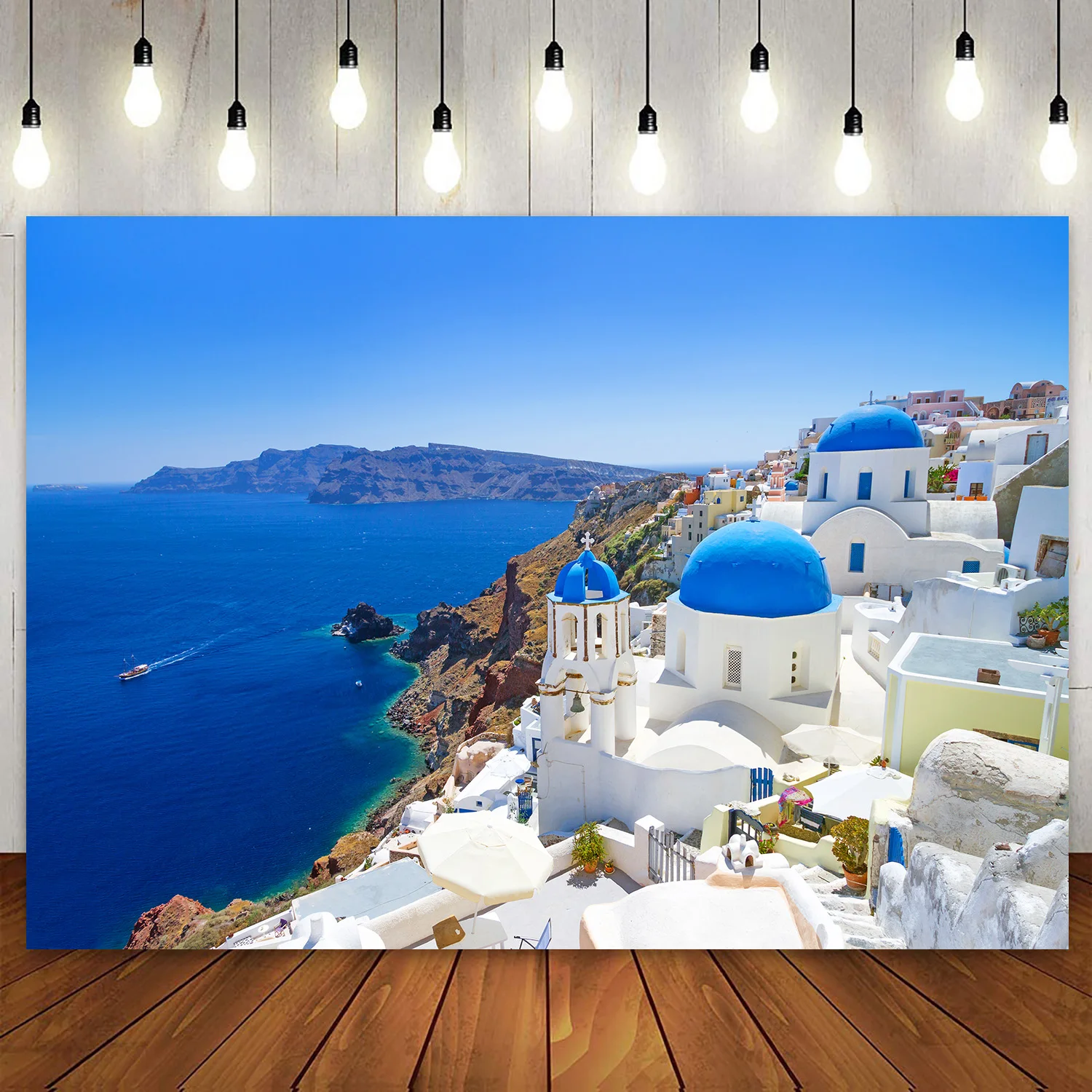 

Santorini Birthday Party Backdrop Blue Coastline Greece Oia Town Landscape Photography Background Greek Banner Nature Scenery