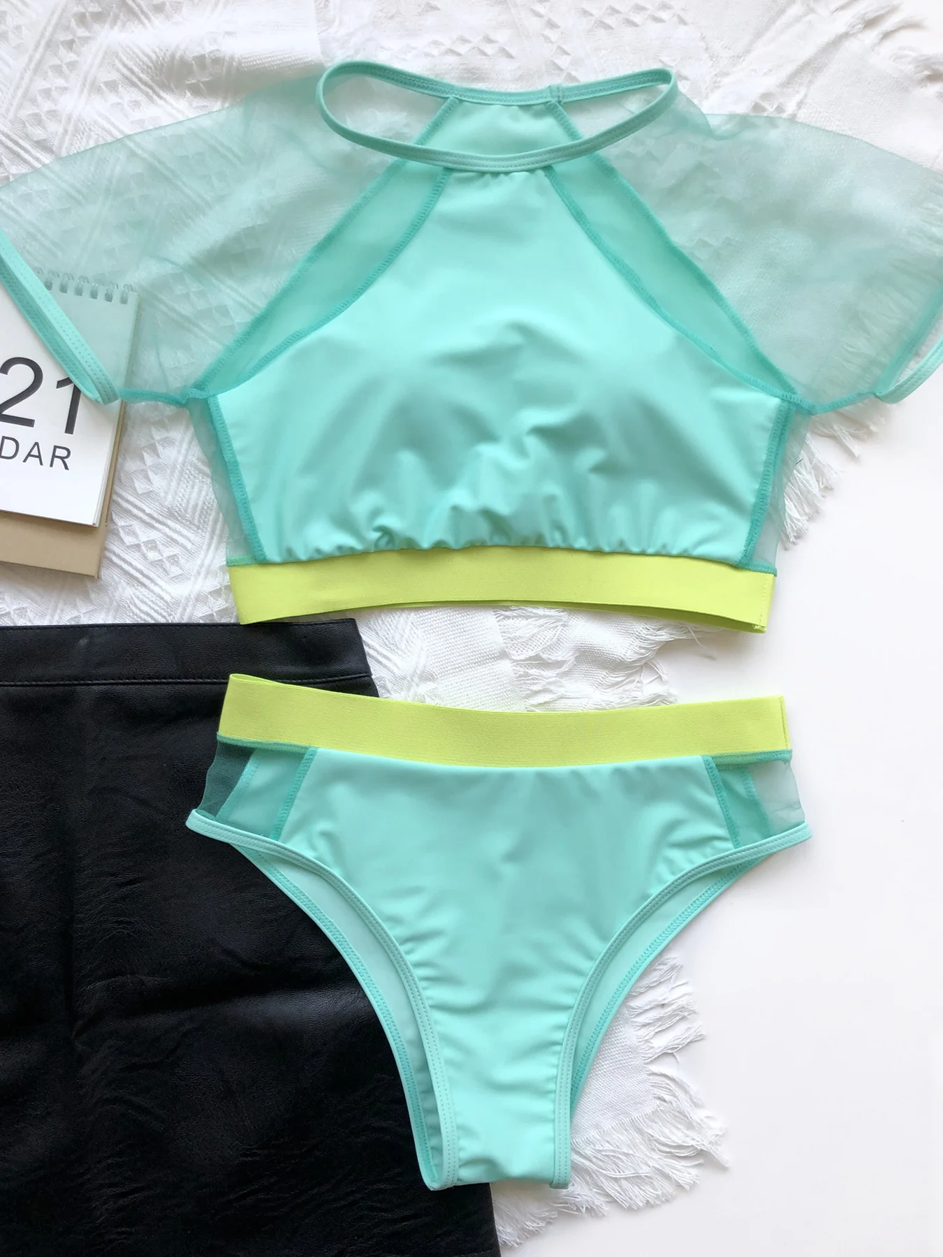 Однотонный сетчатый комплект бикини vigoкейси 2024 с коротким рукавом закрытый