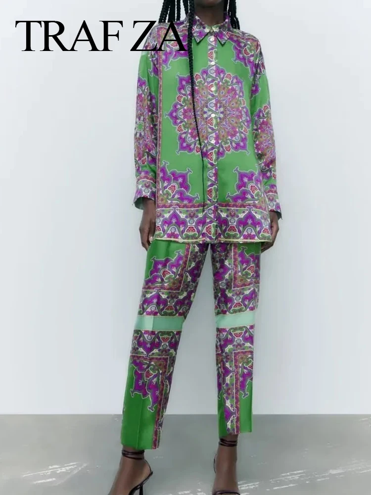 

TRAF ZA Printed Floral Vintage Fashion Elegant Green Shirt + Straight Pants Elastic Waist Elegant Temperament Commuter Pants