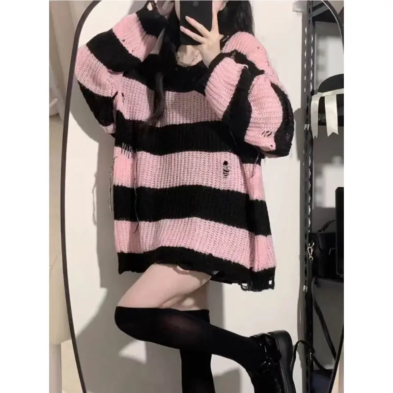 

Striped Loose Sweater Gothic Women's Irregular Ripped Twist Pullover Mid-length Top Crew Neck Long Sleeve Knit Pullover Sweater