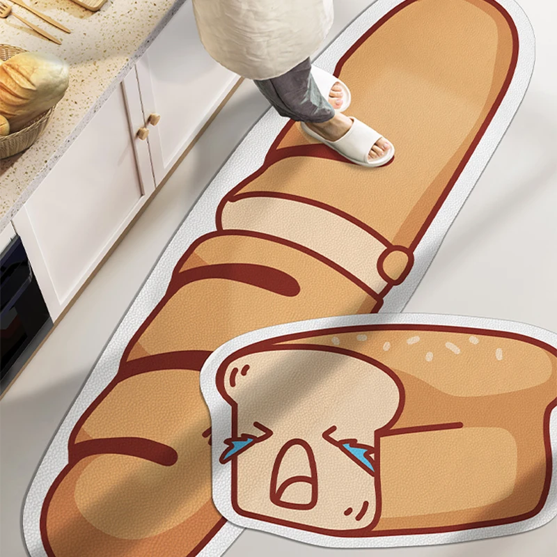 

Funny Kitchen Rug Bread Man PVC Eco-Friendly Faux Leather Cushion Rugs Oil Resistant Waterproof Leather Mats Comfortable Mat IG