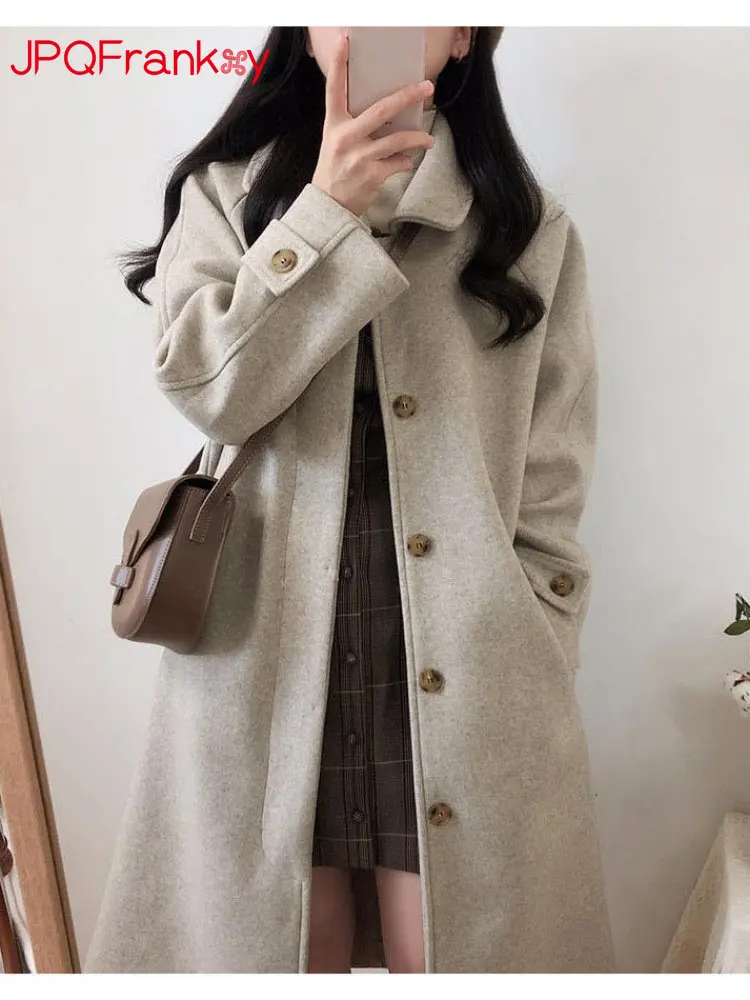 

Autumn and Winter 2022 New Woolen Coat Women's Medium Long Korean Version Loose Solid Color Thickened Over Knee Woolen Coat