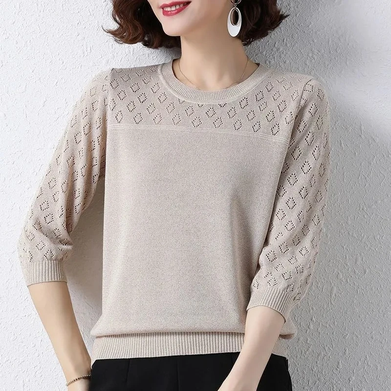

Sweater Women Clothing 2022 New Spring Summer Fashion Hollow Out Thin Pullover Three-Quarter Sleeve Top Female Elasticity Jumper