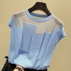 Блузка Для женщин Blusas Mujer De Moda 2021 Verano, о-вырез, голубой вязаный блузка рубашка короткий рукав Для женщин блузки рубашки топы D482