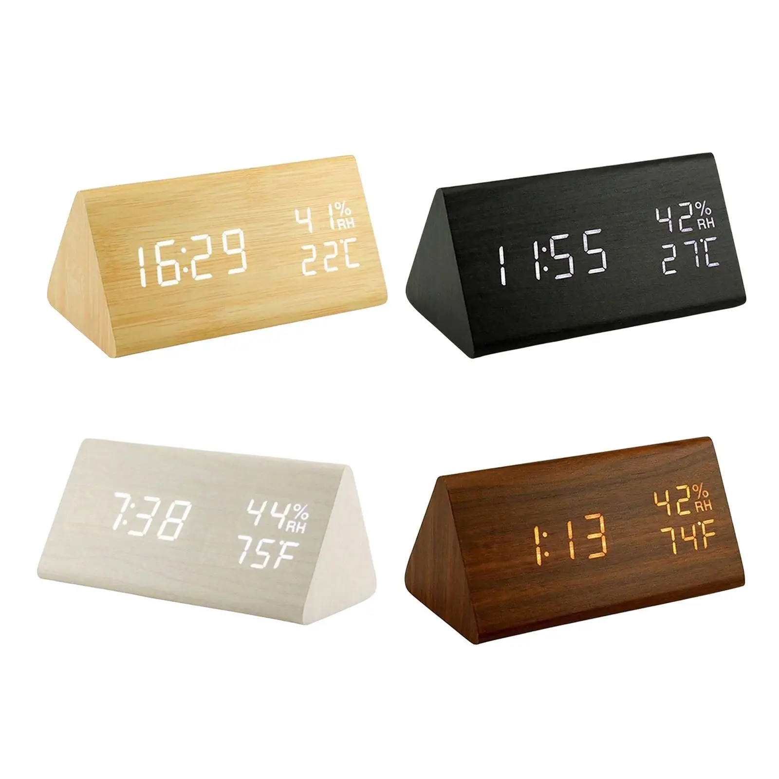 

Electronic Alarm Clock LED Wood Brightness Adjustable Triangle for Indoor