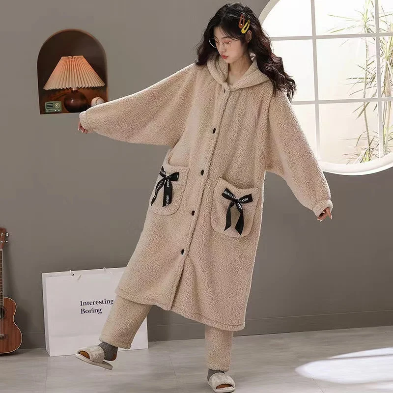 Winter Pajamas Women Coral Fleece Nightgown Pajamas Suit Home Clothes Lady 2PCS Sleepwear Flannel Long Sleeves Pijama Thick