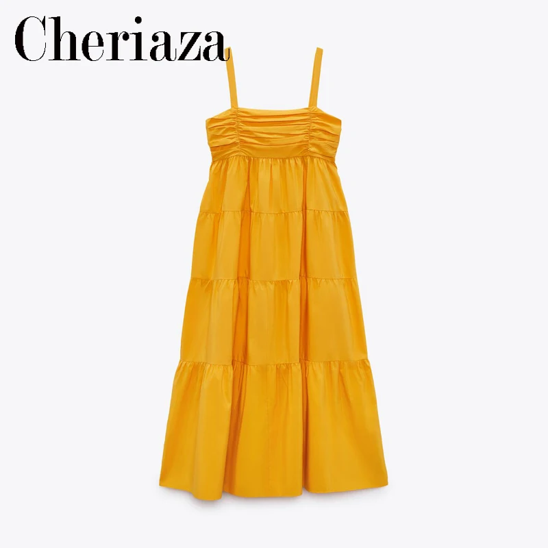 

2022Summer Woman Yellow Panelled Poplin Dress Leisure Straight Collar Bohemia Suspenders Solid Color A word Long Skirt Dresses