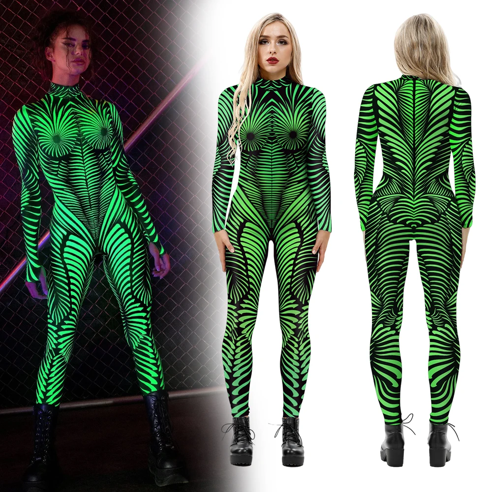 

VIPFASHION Native Green Halloween Cosplay Costume Adult Woman Zentai Bodysuits Party Show Elastic Tight Outfit Festival Jumpsuit