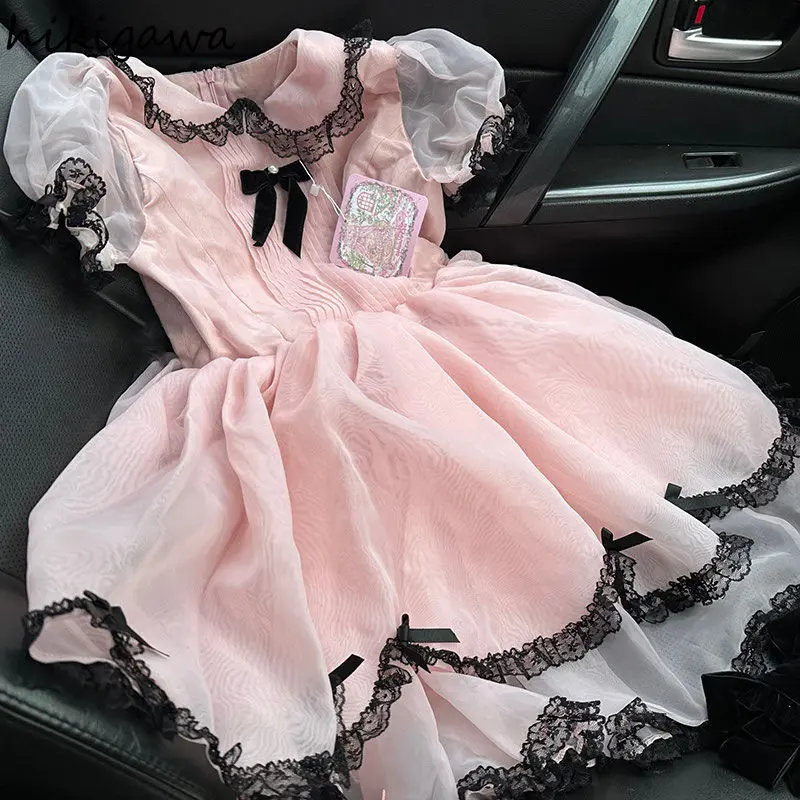 

Женское платье с рукавом, модное милое женское розовое платье 2023, милые летние женские газовые кружевные платья, халат, мини-туника с буффами в японском стиле