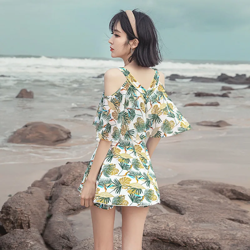 Safe Underwear Flounce Sleeve Hollow Shoulder Two Piece Swimsuit For Women Plus Size Swimwear Swimming Suit Beach Outfits New