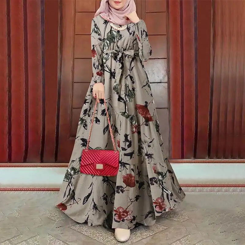 Bohemian Fashion Casual Oversized Abaya Kaftan Robe  Spring Floral Print Muslim Dress O-Neck Full Sleeve Tiered Sundress فستان