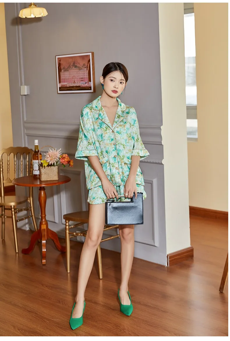 pajamas women's printed short-sleeved shorts suit high-quality two piece set summer silk sleepwear set