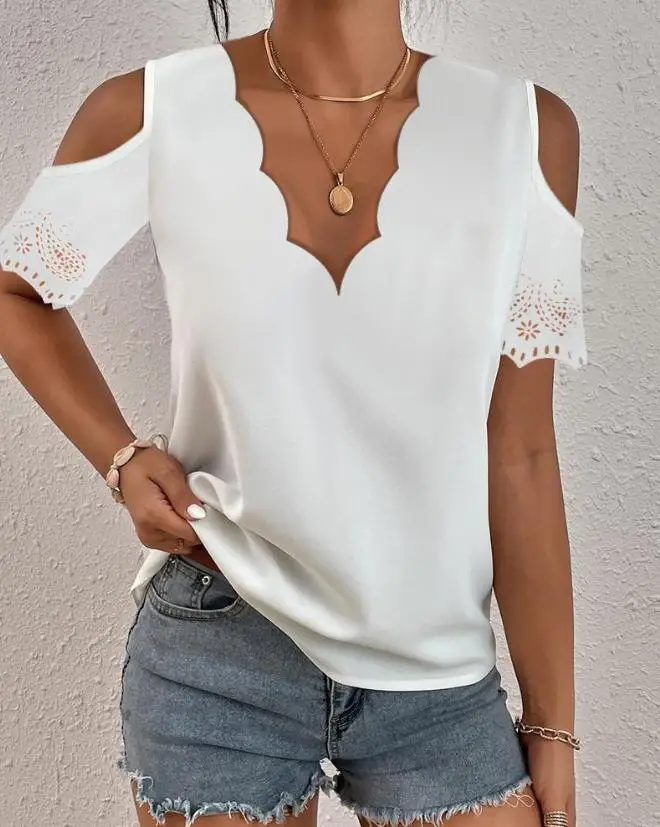 

New Fashion 2023 Summer Short Sleeve Hollow Out Scallop Trim Cold Shoulder Top T-Shirts Pullover Tops Casual Female Clothing