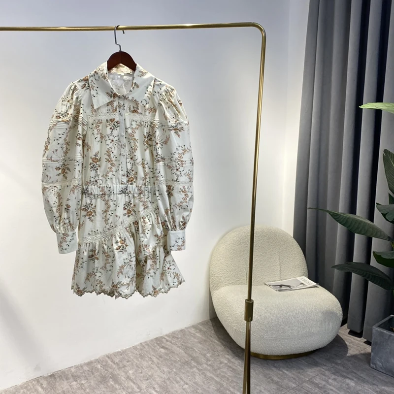 

Women Fashion Designer Fashion Style 2022 Spring New Irregular Ruffles Long Lantern Sleeve Elegant Floral Print Loose Dress