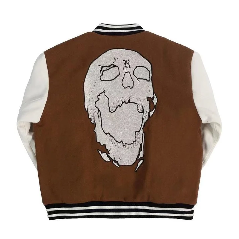 

American Retro Skull Embroideerd Bomber Jackets Men Street Patchwork Gothic Alphabet Print Loose Fashion Jacket Brown Streetwear