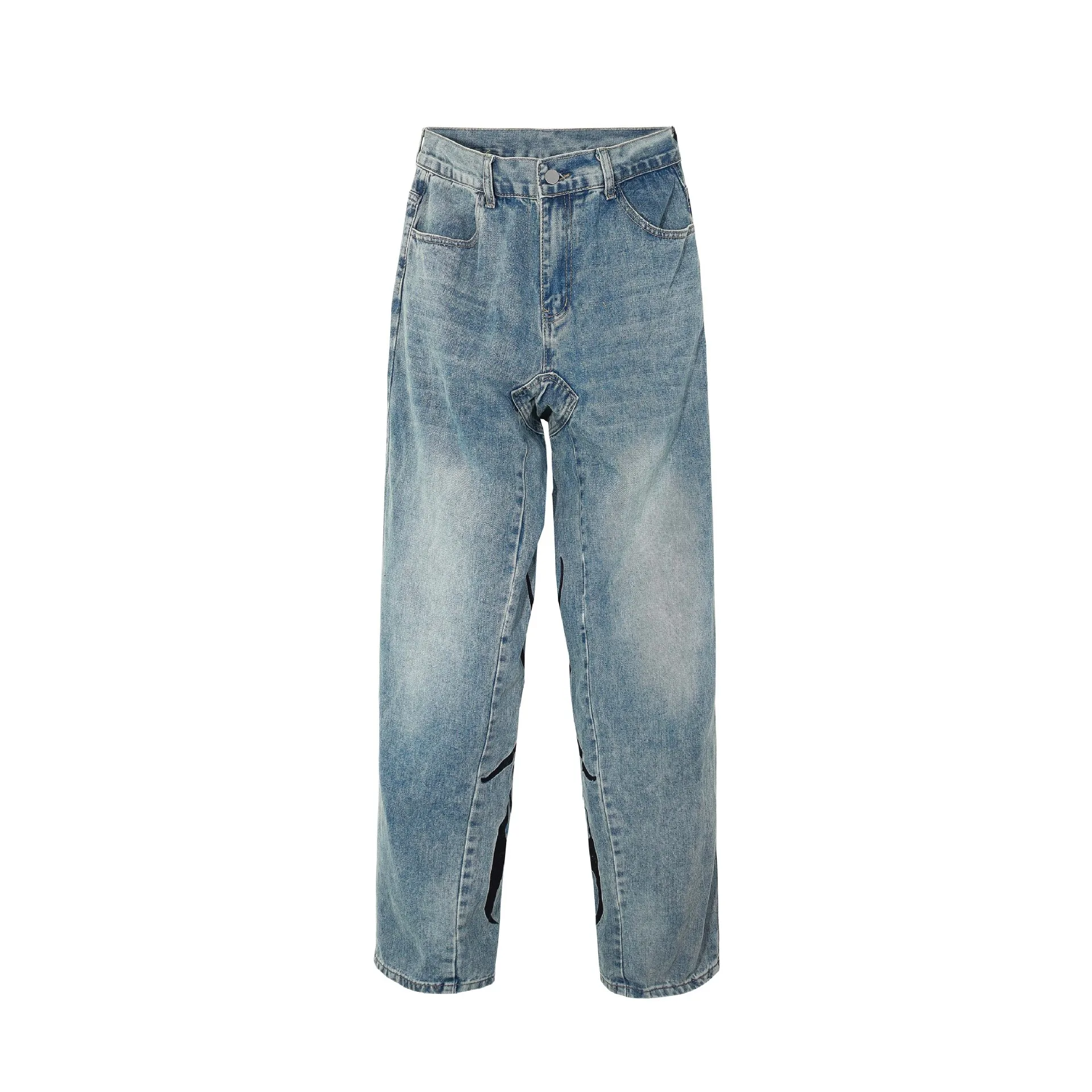 Men Vintage Jeans Flame Letter Embroidered Unisex Denim Pants  Harajuku Streetwear Men Women Casual Straight Jeans