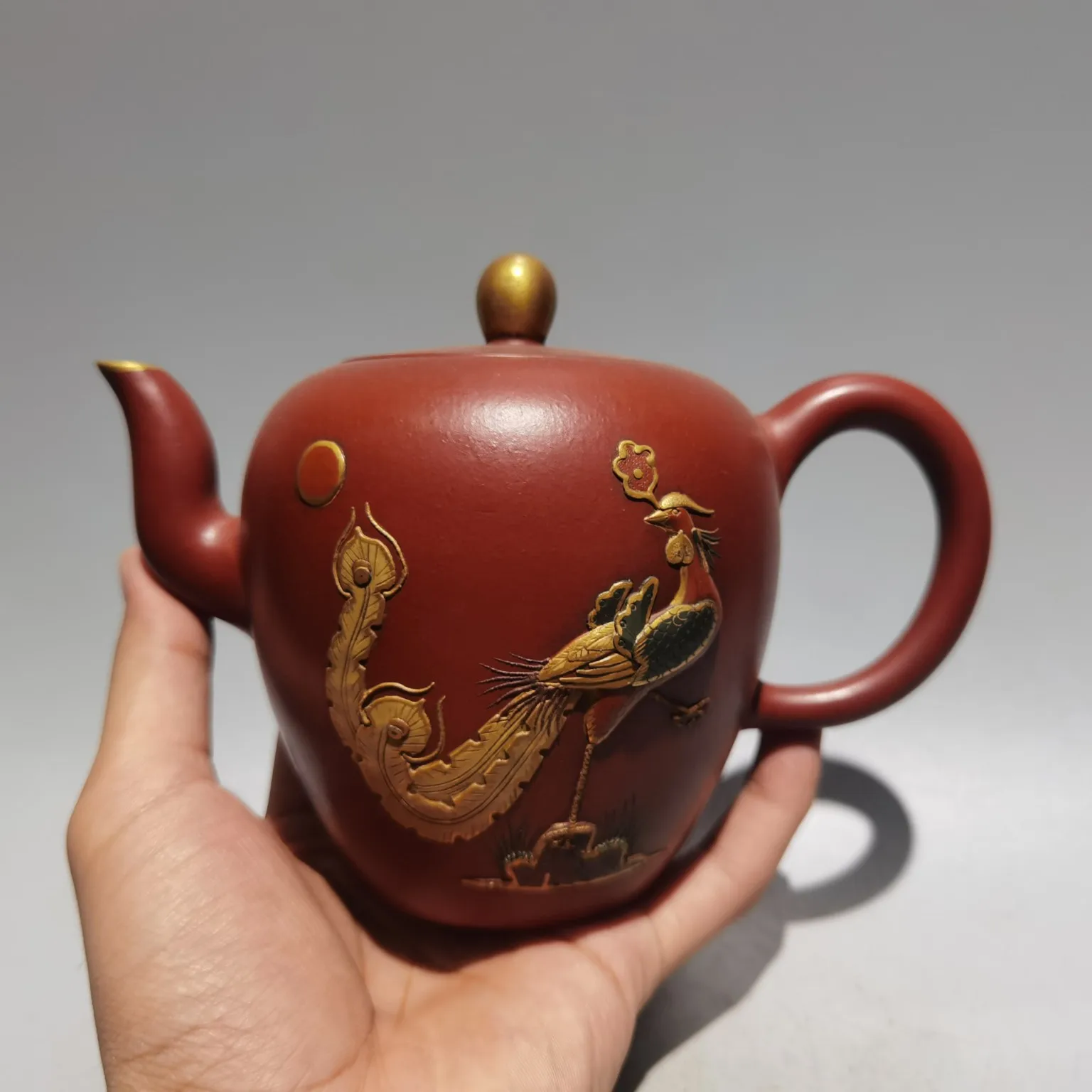 

7"Chinese Yixing Zisha Pottery Outline in gold Phoenix pattern teapot purple clay pot kettle red mud Ornaments Gather fortune