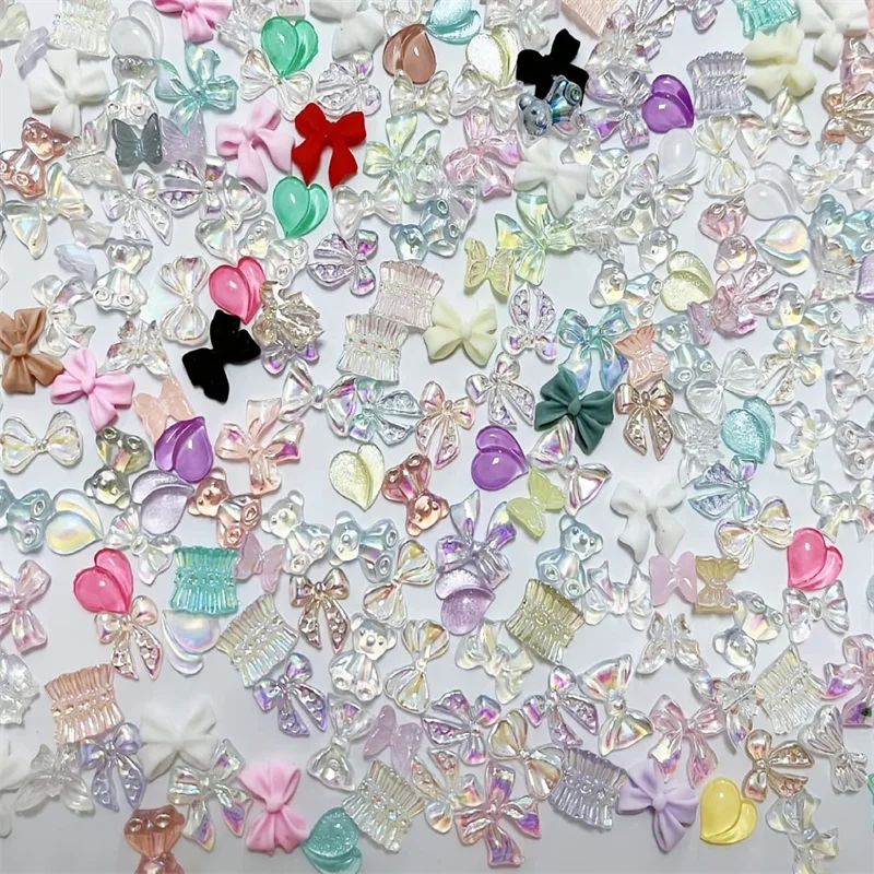 

100pcs/Bag Kawaii Resin Auroral Nail Art Charm Butterfly/Love/Bear/Bow-Tie Mixed Colors Design Nails Jewelry Accessories Manicur