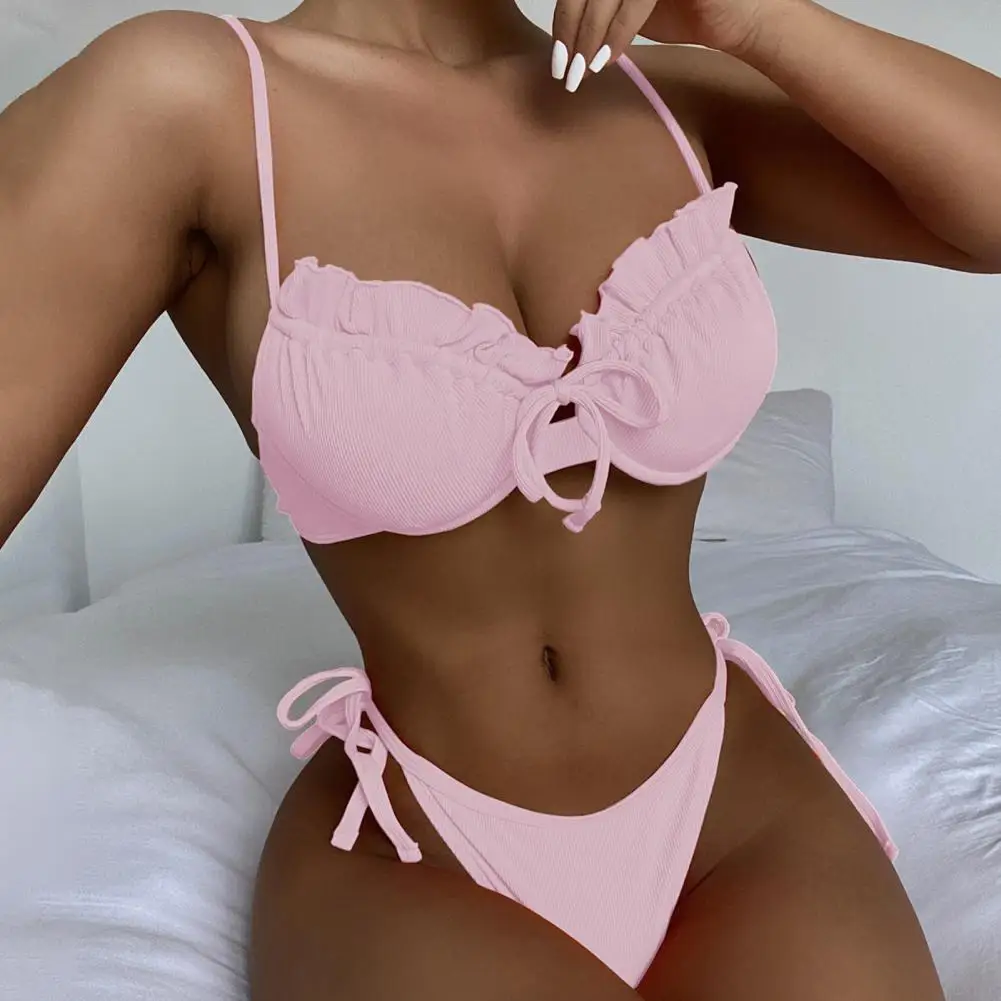 

2 Pcs/Set Push Up Women Swimwear Set Padded Wire Spaghetti Strap Ruffle Summer Bikini for Beach Bathing Suits Women Swimsuit