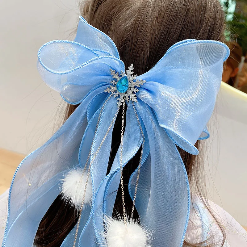 Princess Pompom Big Blue Bows Hair Clip for kids Children Long Ribbon Duckbill Clip Hairpins Girl School Hairgrips Headwear Gift