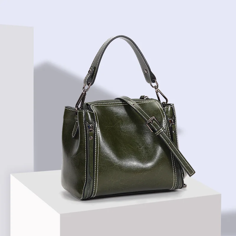 

Coated Cowhide Leather Retro Women Handbag Large Capacity Zipper Bucket Bag Solid Color Crossbody Bags For Ladies