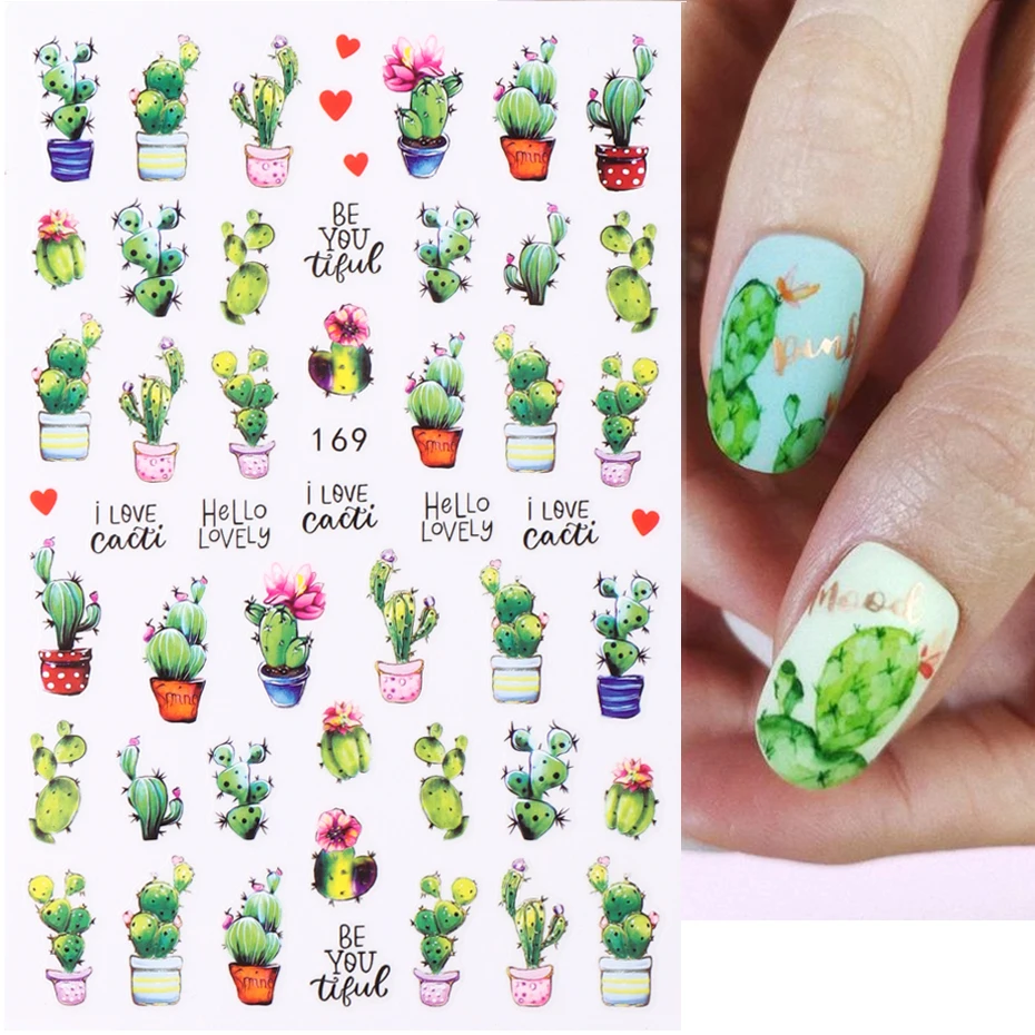 

Зеленые суккулентные растения 3D стикер для ногтей милый кактус гриб весенний лист Дизайн Лето Мороженое гель слайдеры наклейки декор LAEB169