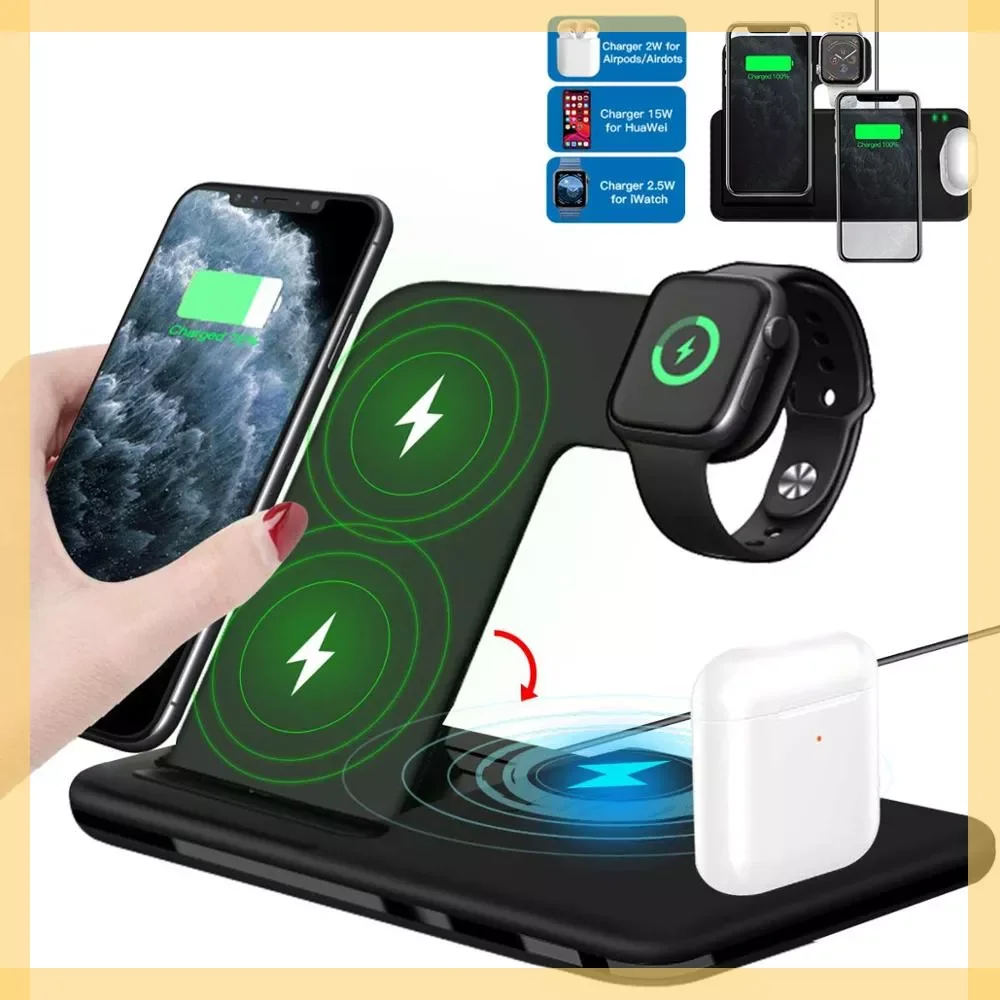 

New in 15W Qi Fast Wireless Charger Stand 11 12 X 8 Watch 4 in 1 Foldable Charging Dock Station for airpods Pro powe