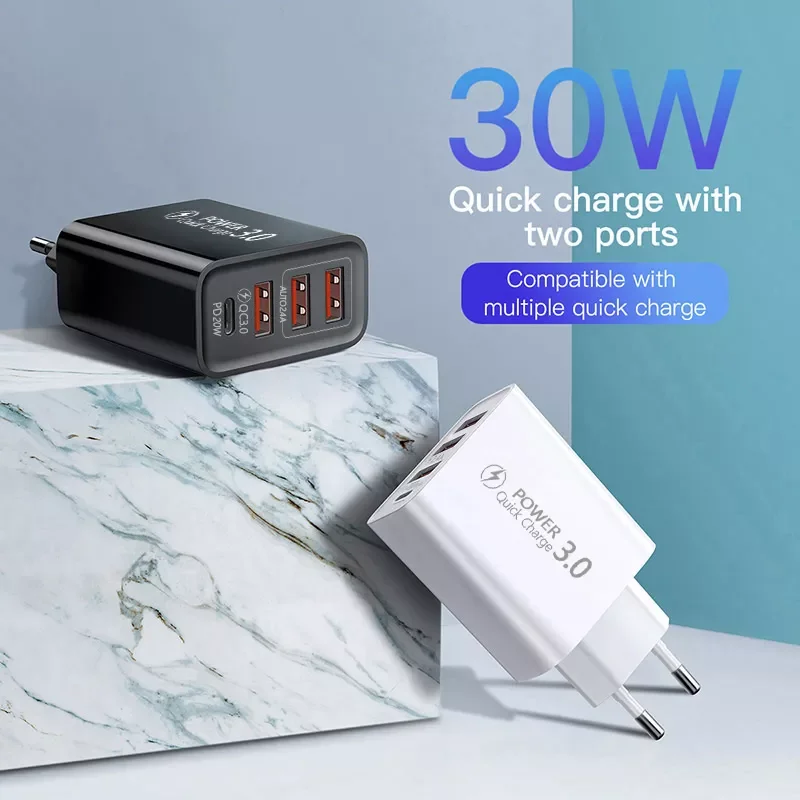 

30W 4 Ports USB Charger Quick Charge Fast Wall Charger For Xiaomi iPhone11 Portable Phone Charger QC 3.0 Adapter EU/US Plug