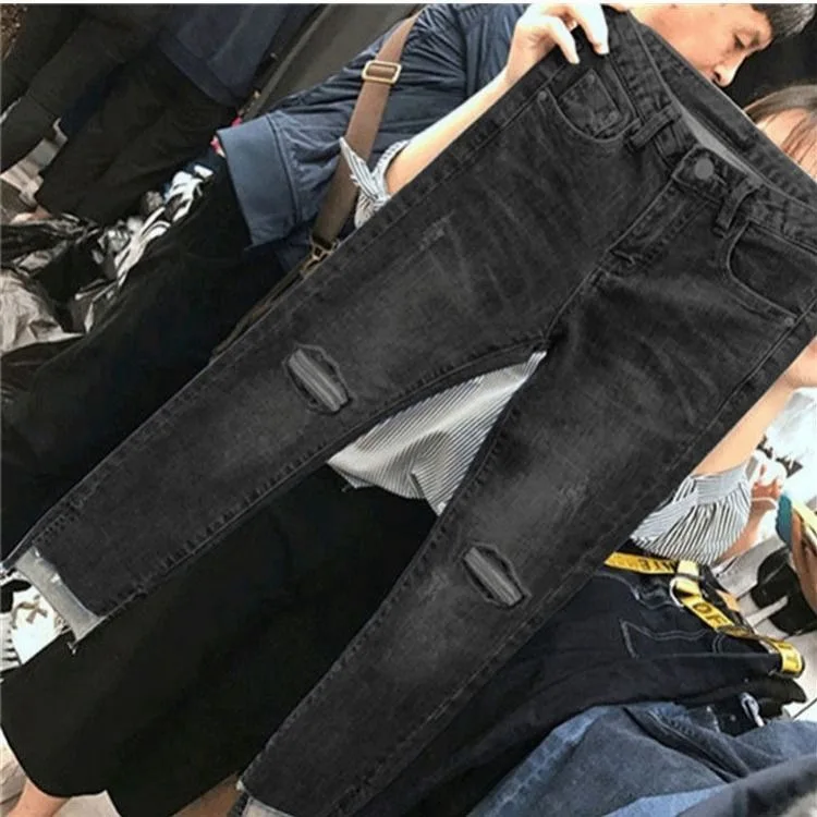Ripped jeans denim knee hole women new Korean high waist slim slim nine points pencil pencil pants tide