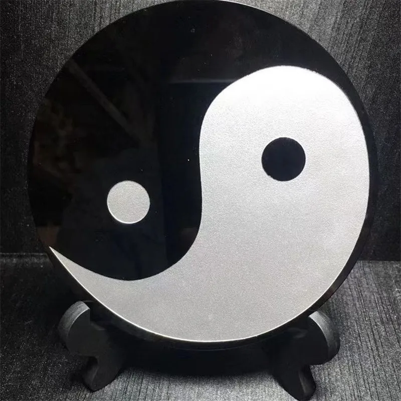 Натуральный черный обсидиан круглый диск логотип тарелка тай-чи зеркало фэншуй