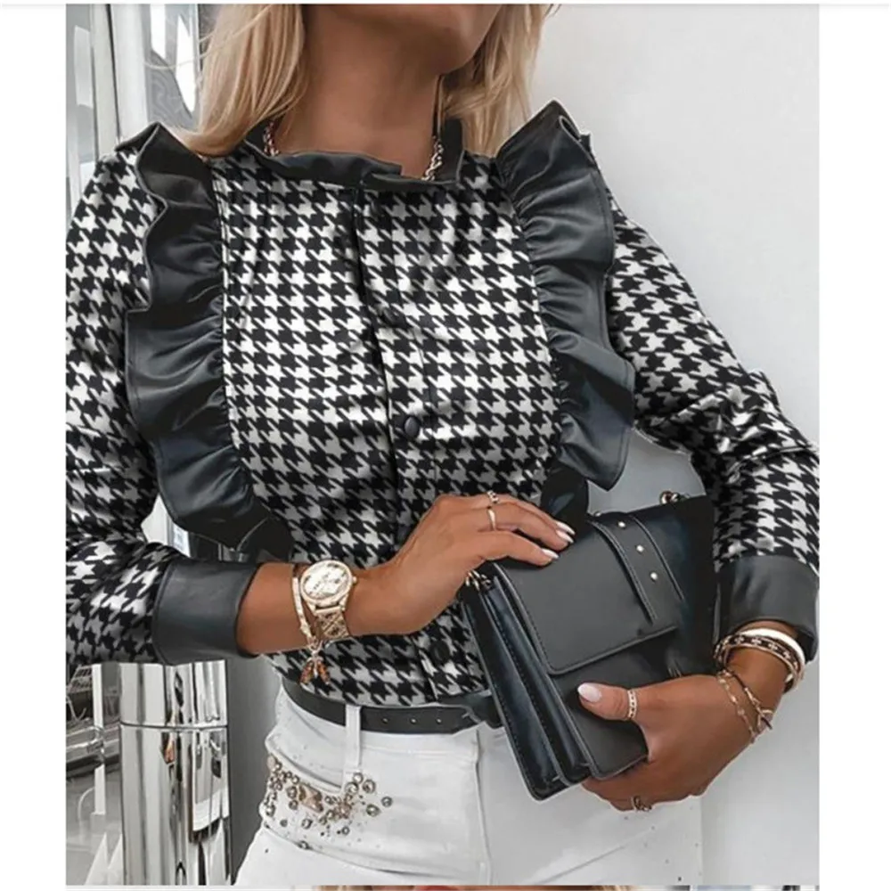 

Женская блузка с принтом «гусиные лапки», модная рубашка с длинными рукавами и оборками, новинка на осень и весну, темпераментные женские то...