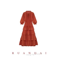 solid color lantern short sleeved a line dress for ruandai 2022 summer new waist bow tie thin round neck long dress female