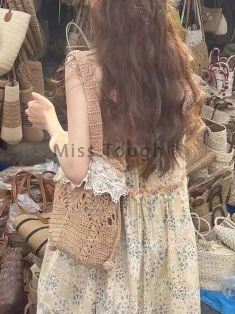 Летние цветочные корейские милые платья для женщин ТРАПЕЦИЕВИДНОЕ кружевное