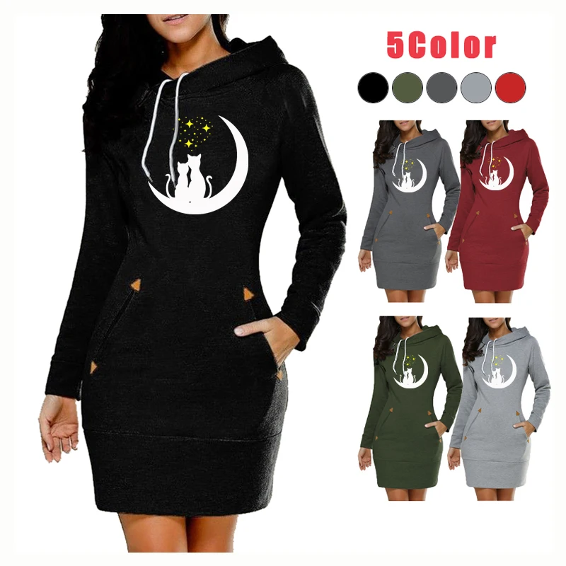 

Oversized Women Sweatshirt Pullover Hoodies Dress Hoody Drawstring Long Sleeve Moon Cat Print Pocket Casual Women Clothing 3XL