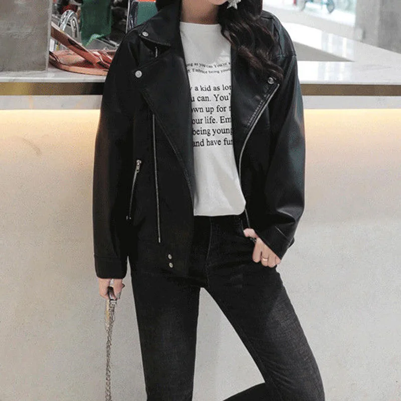 New Spring Autumn Faux Leather Jacket Women Casual PU Loose Motorcycle Jackets Female Streetwear Oversized Coat Korean Chic