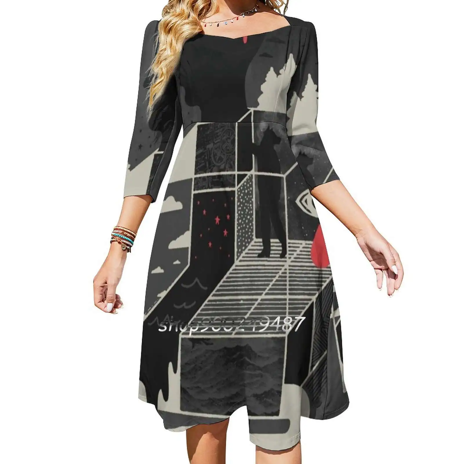 Блестящее кричащее платье с квадратным вырезом милые свободные платья принтом