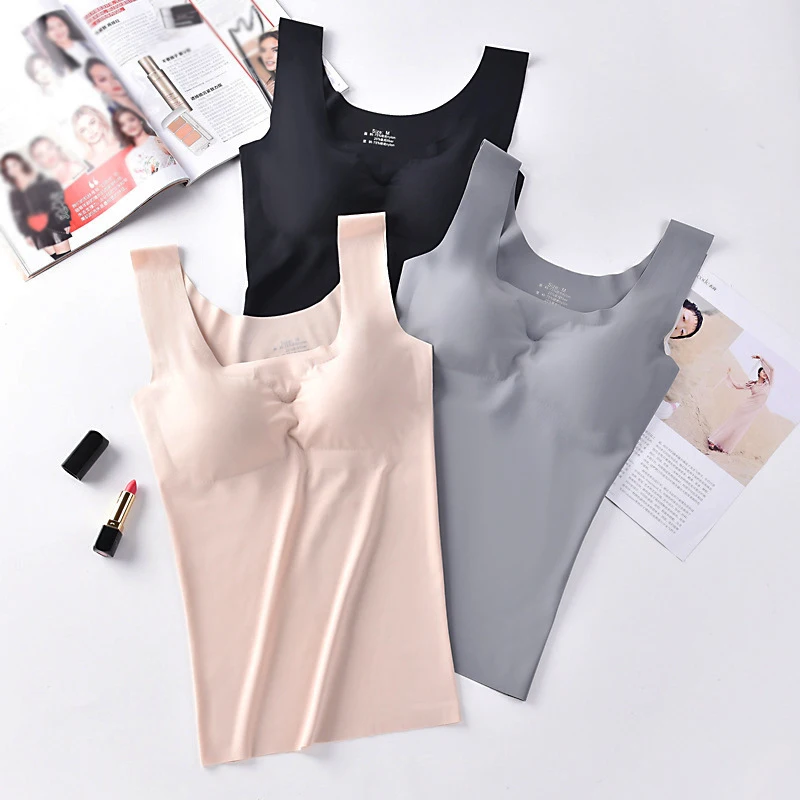 

Ice Silk Tank Top Padded Vest Solid Color Tops Seamless Camisole Breathable Underwear Comfortable Crop For Women 2023 Hot Sale