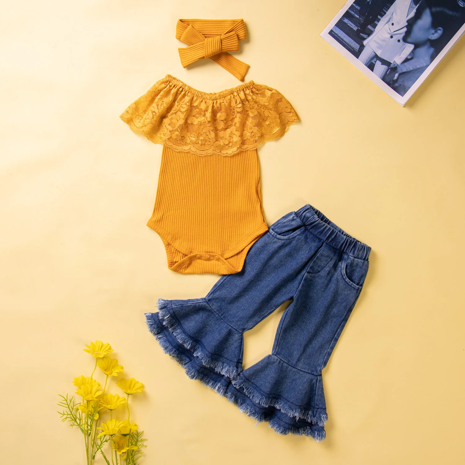 

Детский хлопковый комбинезон с коротким рукавом, пуловер, топ + джинсы, одежда для маленьких девочек, боди для новорожденных, наряд для младенцев, детский летний костюм
