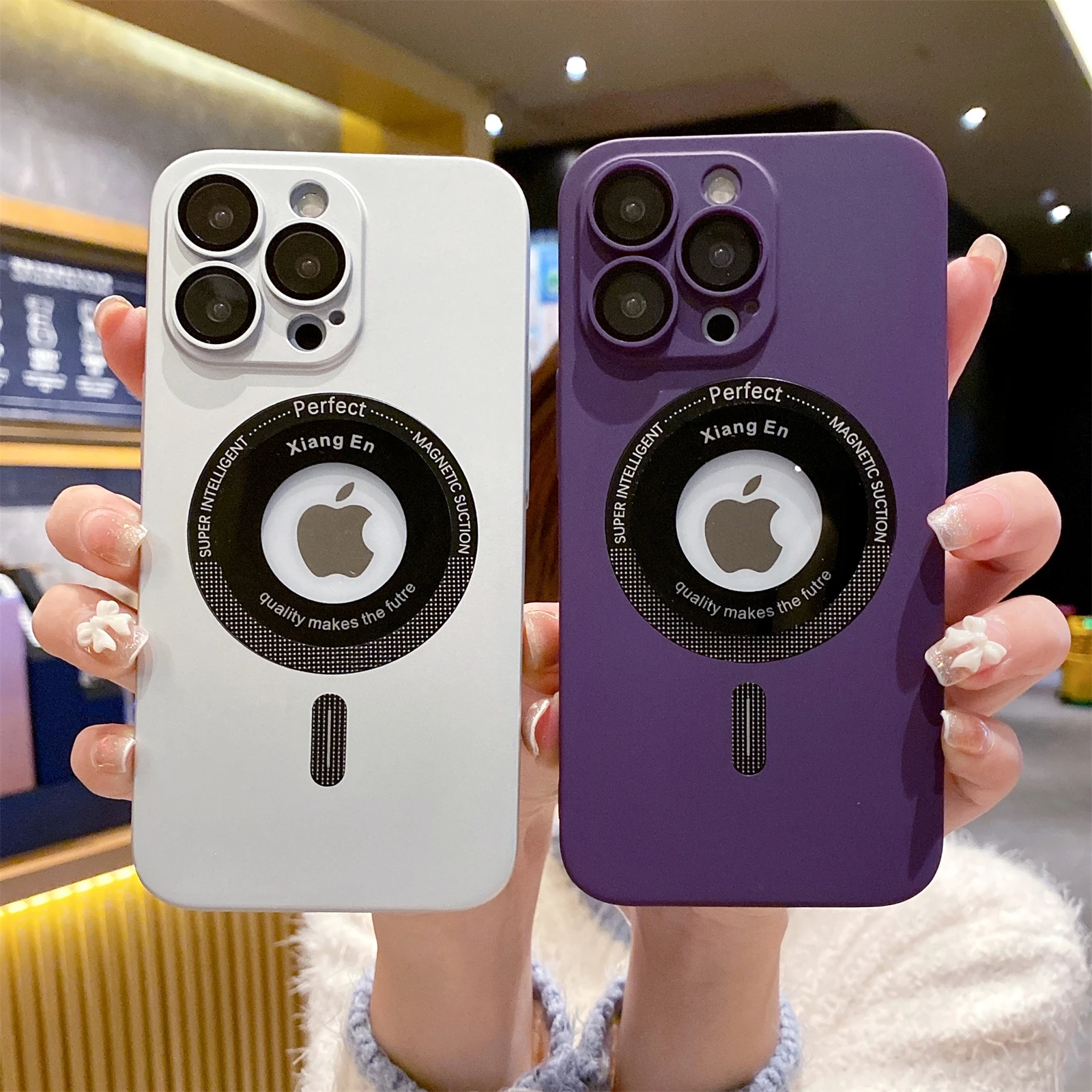 

Hollow LOGO Case for iPhone 14 Plus 13 12 11 Pro Max for Magsafe Magnetic Wireless Charging Glass Lens Protection Hard PC Cover