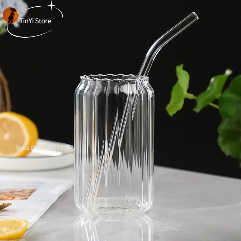 400/500ml Stripes Transparent Drinking Coffee Glass Cup with Lip Straws Wine Milk Beer Cola Juice Cold Drinkware Handmade Can