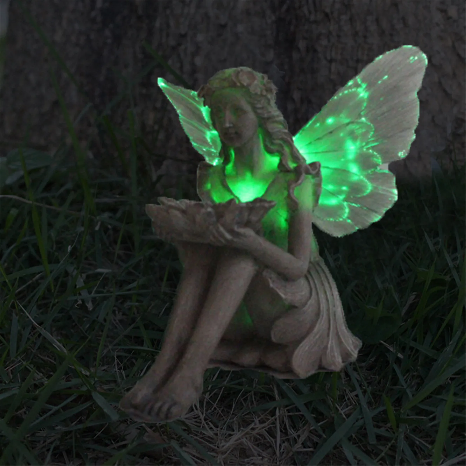 Suower Fairy Statue Solar Lighting Wings Ornament Outdoors Beautiful Angel Sculpture Decorative Figure Ornament Garden Decor