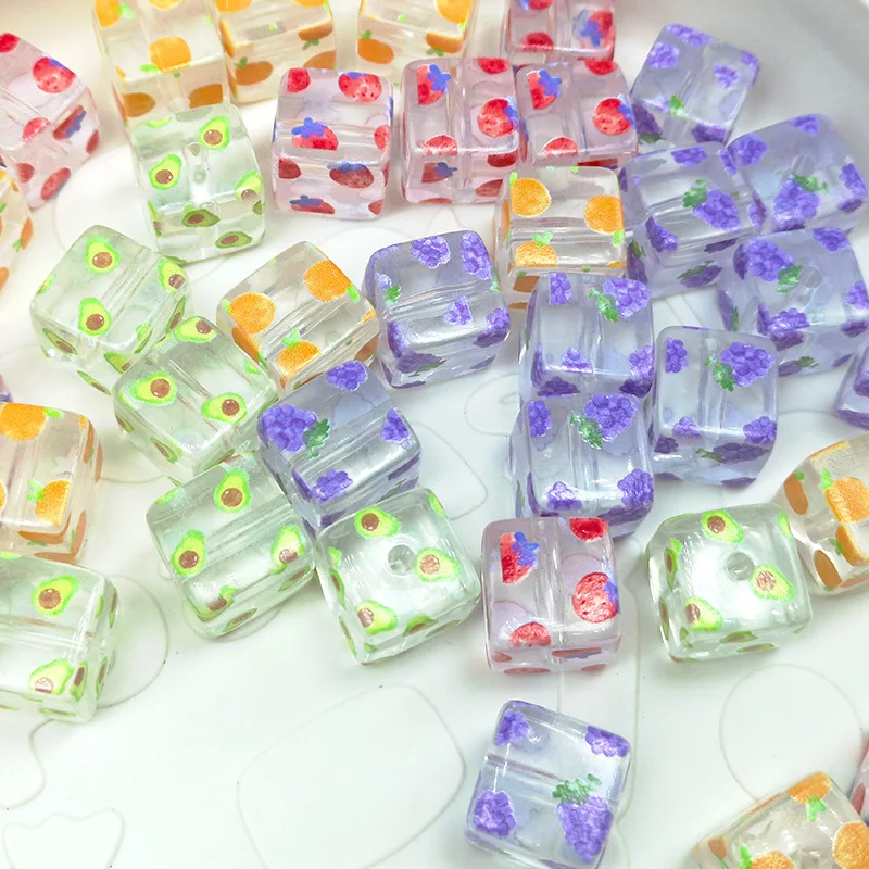 

Acrylic Transparent Square Fruit Avocado Printing Beaded Loose Beads Wholesale Hair Rope Diy Material Hair Accessories Abalorios