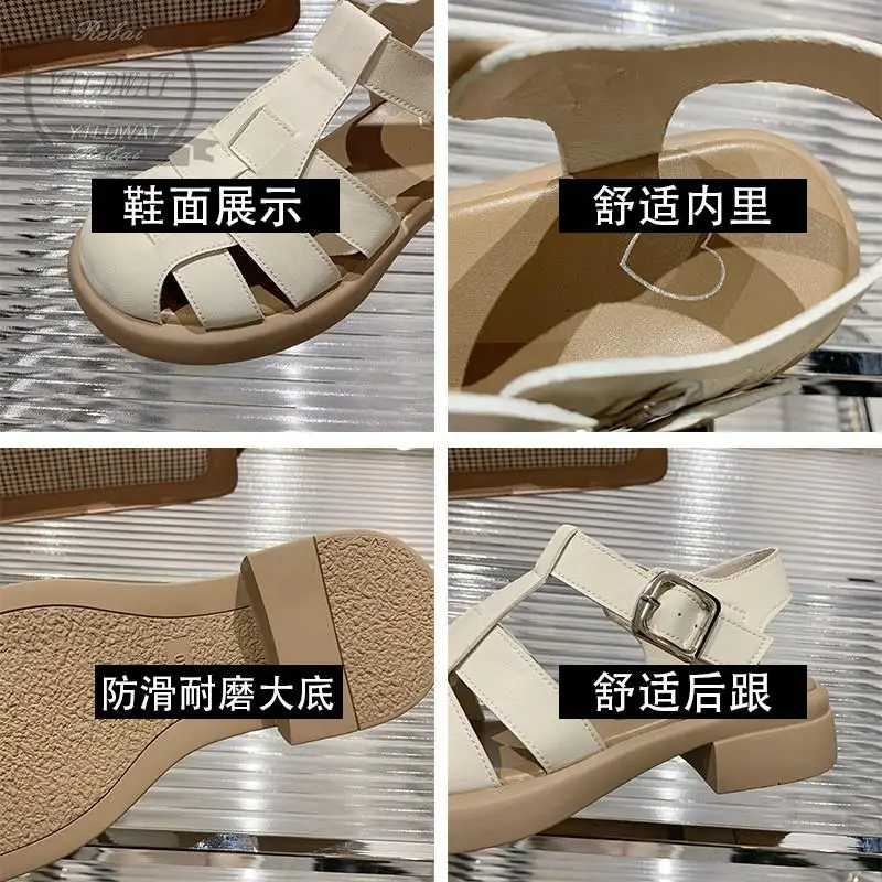 2022 NEW Sandals Women Leather Woven Roman Flats Cover Toe Buckle Strap Summer Beach LadiesShoes Woman   