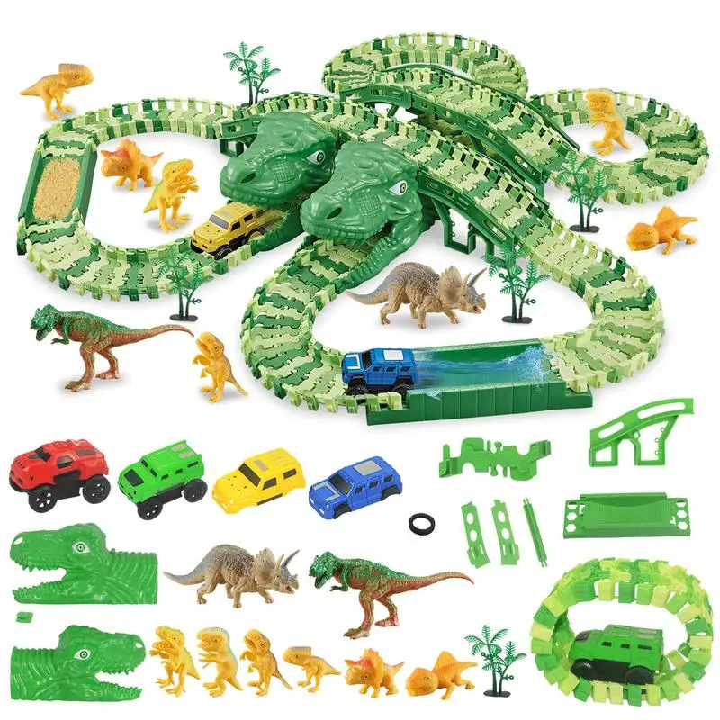 

Dinosaur Car Track Dino Road Race Tracks Playset Building Toys With Dinosaur Mountain DIY Race Track Assembling Accessories Fun