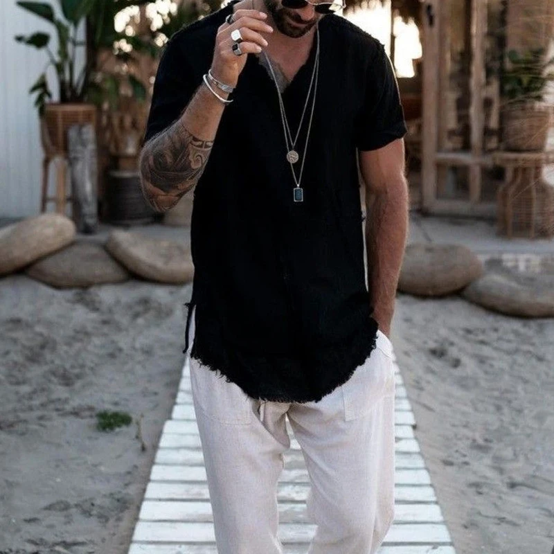 

Футболка мужская из хлопка и льна, с коротким рукавом и V-образным вырезом